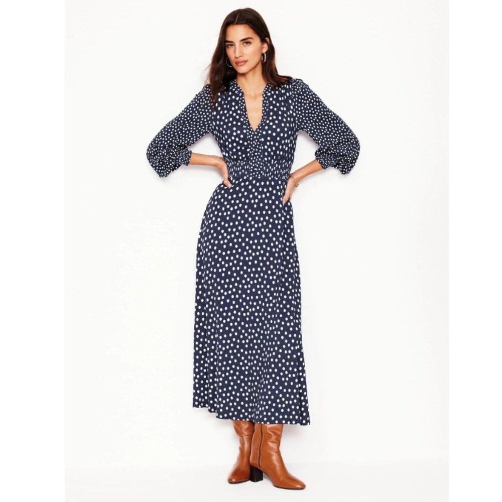Boden Navy Blue and White Polka Dot Midi Dress